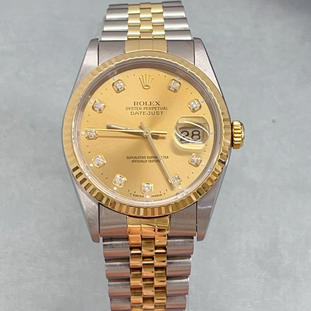95新 Rolex/劳力士 日志型18K黄金间精钢黄盘原镶钻机械腕表16233