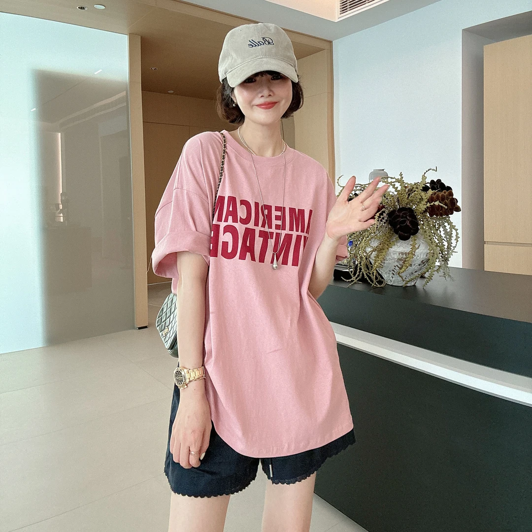 夏季韩版宽松显瘦慵懒风圆领中长款短袖T恤