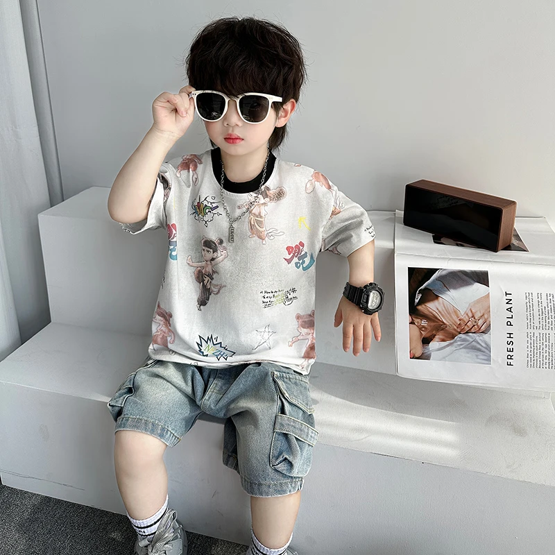 男童哪吒短袖套装夏2025新款宝宝洋气网红夏季男孩痞帅衣服两件套