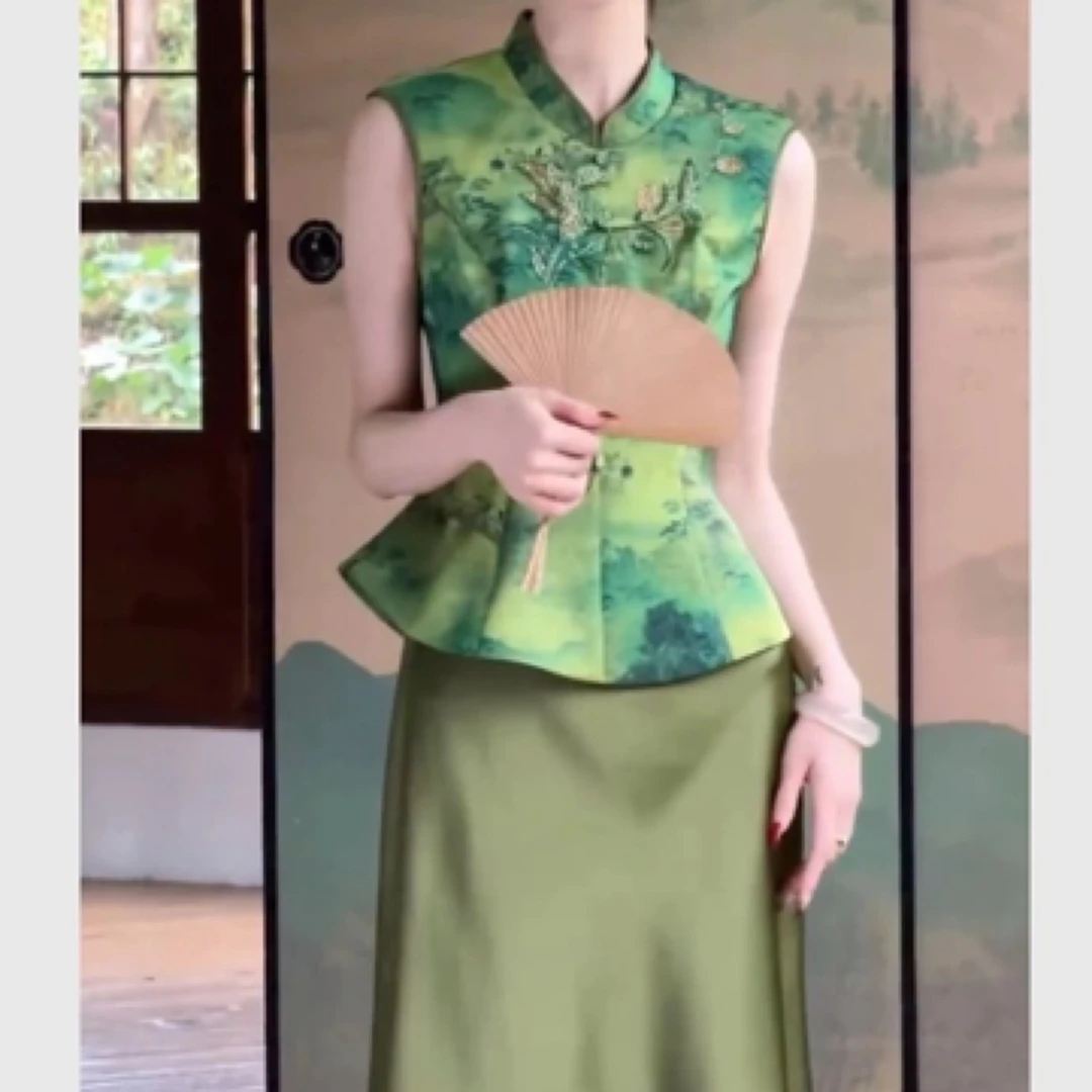 米欧严选【又见青山】新中式雅韵水墨画无袖上衣+缎面半身裙套装