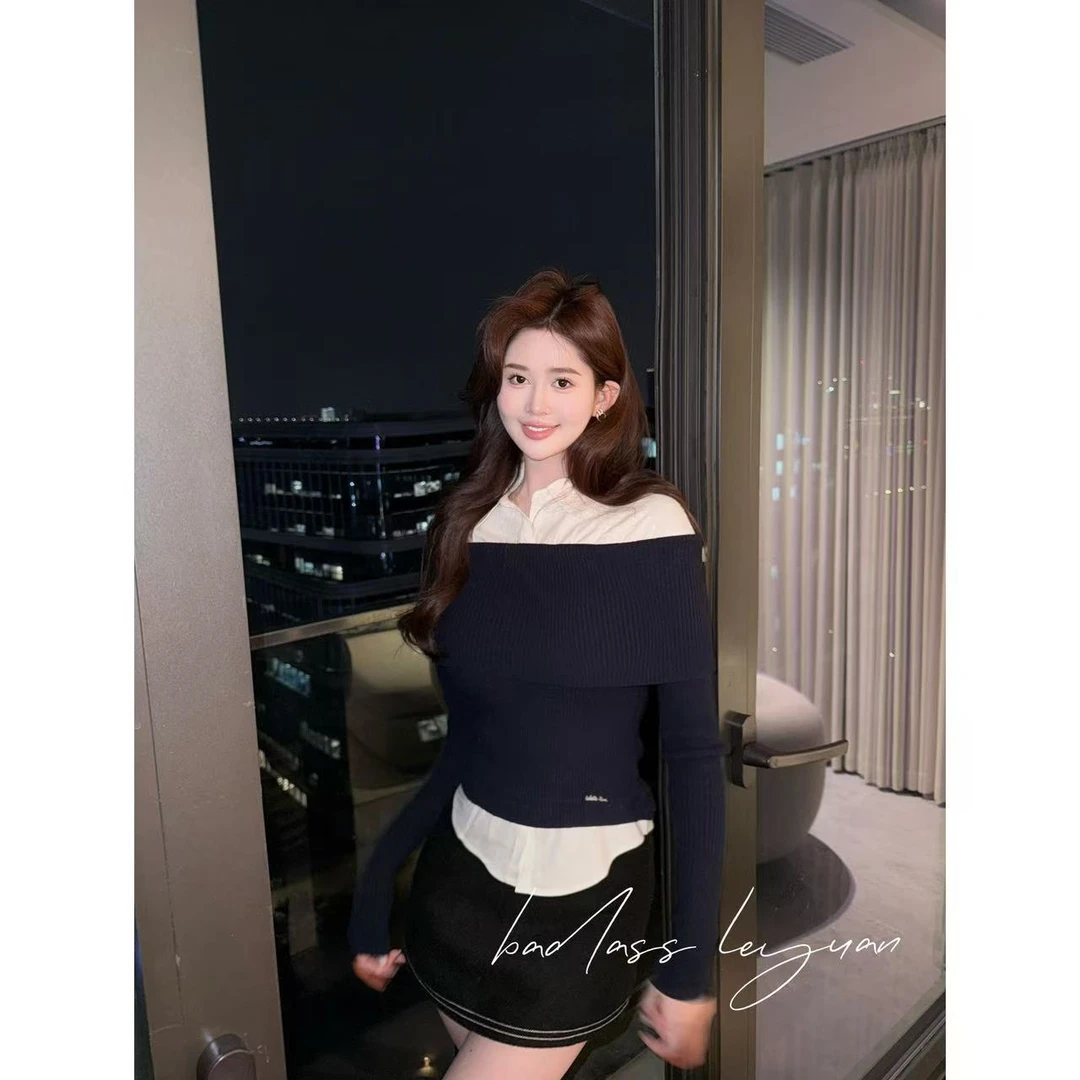 【miu系穿搭】LEYUAN·藏青拼接假两件衬衫一字肩针织衫高级修身上衣