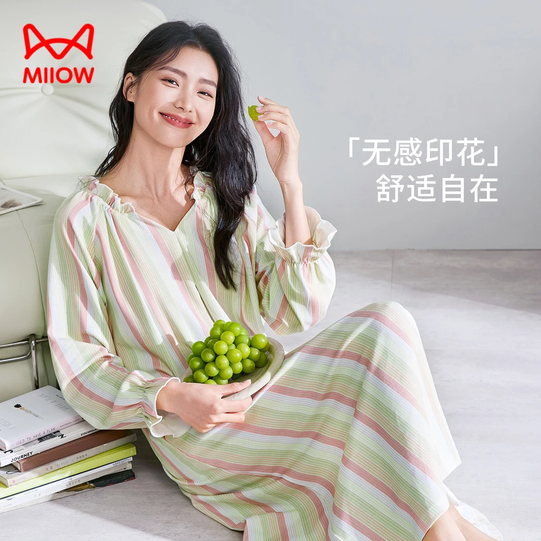 猫人纯棉长袖睡裙女甜美春秋长款印花透气条纹宽松休闲薄款家居裙