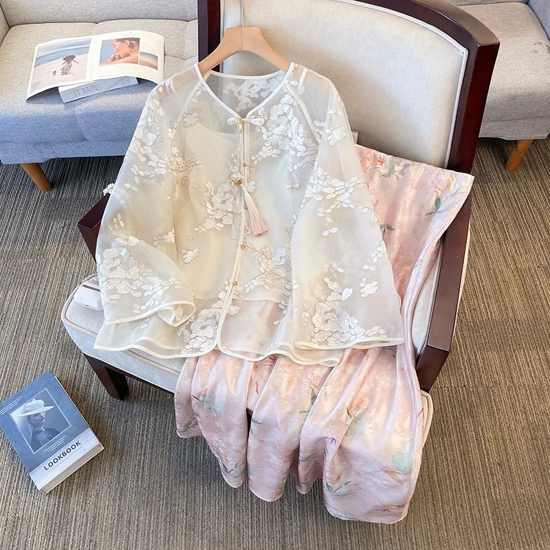 【小曹大码】春季新款新中式减龄绣花上衣半身裙两件套-QZT90053