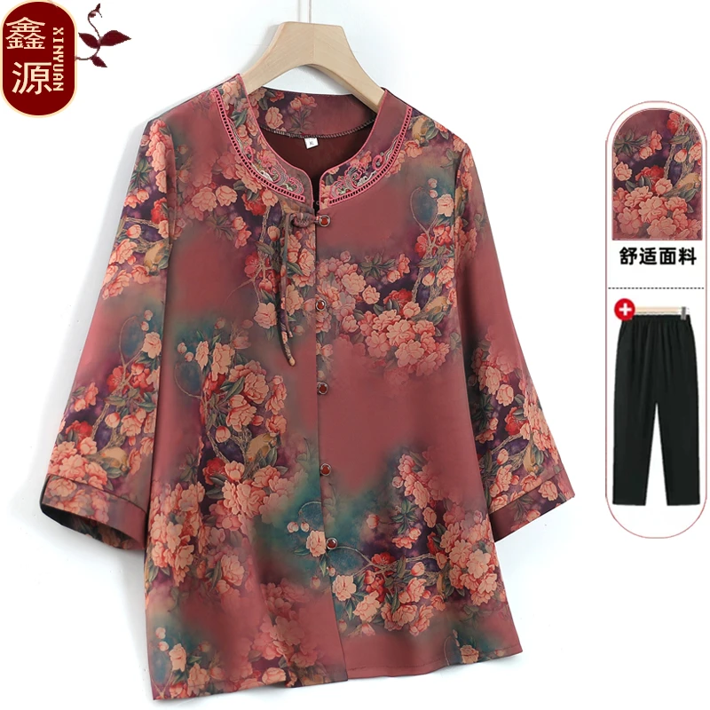 奶奶春夏装新款中袖T恤中老年人夏季衬衫女妈妈宽松大码国风上衣