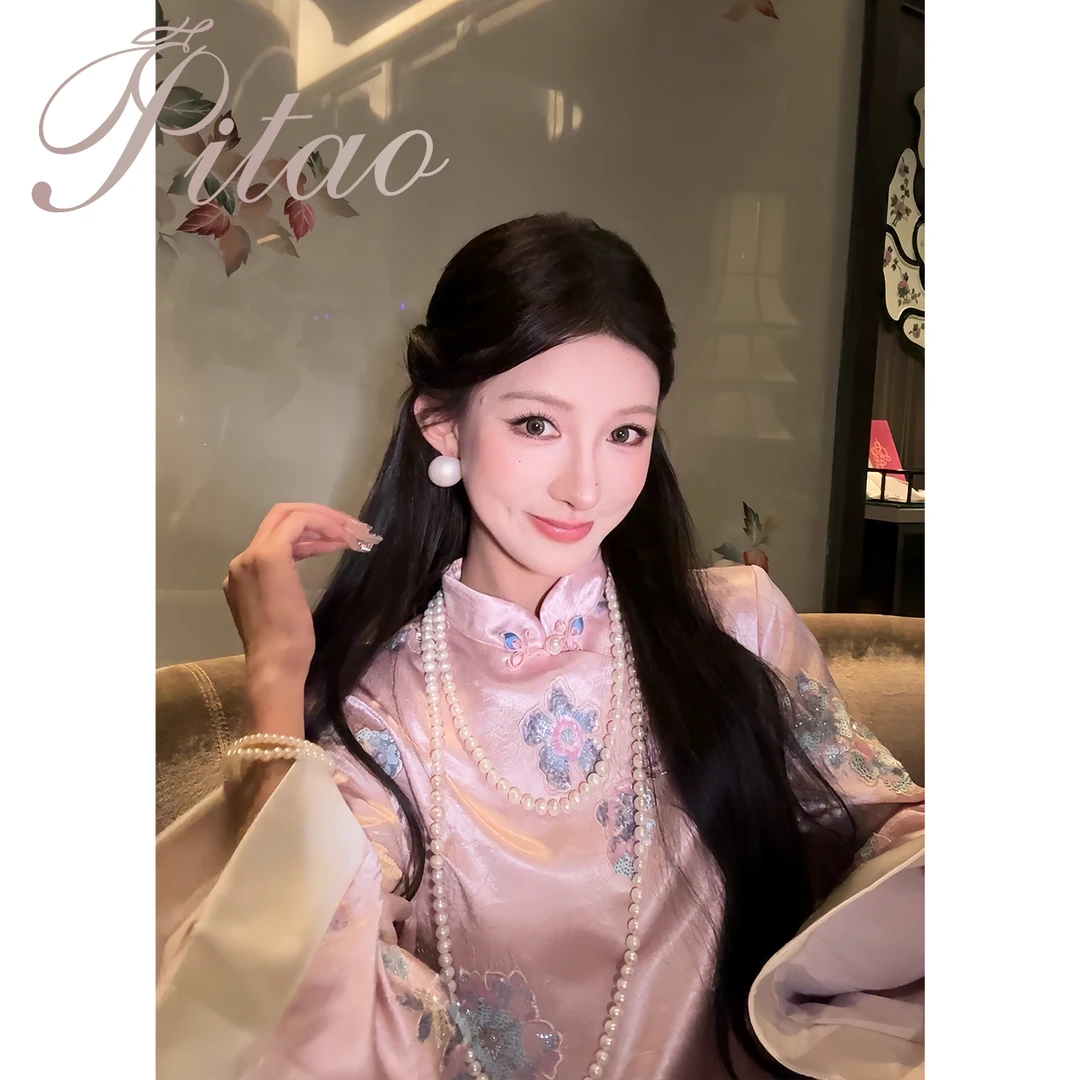 杜屁屁桃PITAO 原创【粉黛佳人】中国风绣花秋季100醋酸外套裙裤