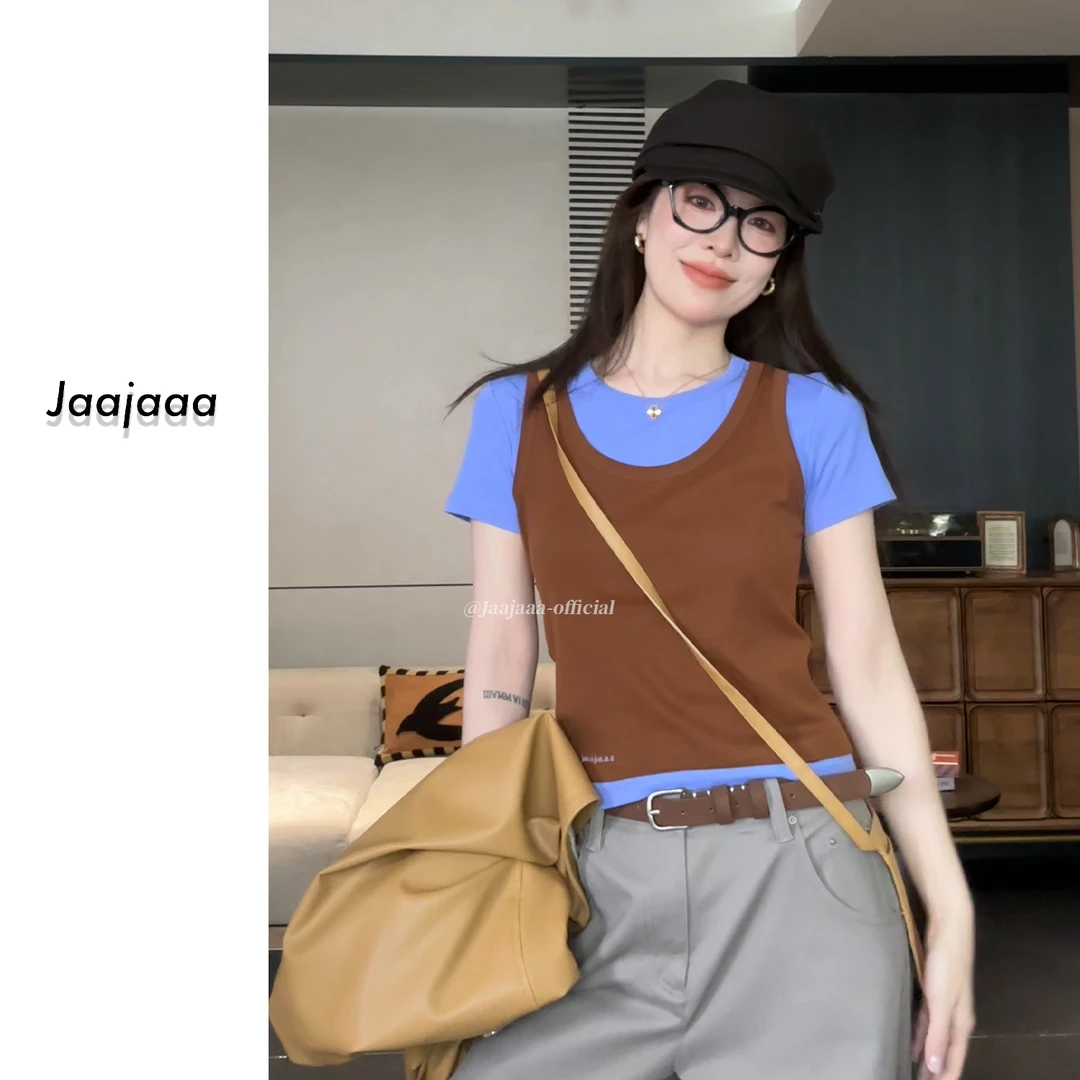 Jaajaaa穿搭思路  时尚休闲修身显瘦叠穿真两件T恤背心/XGCX