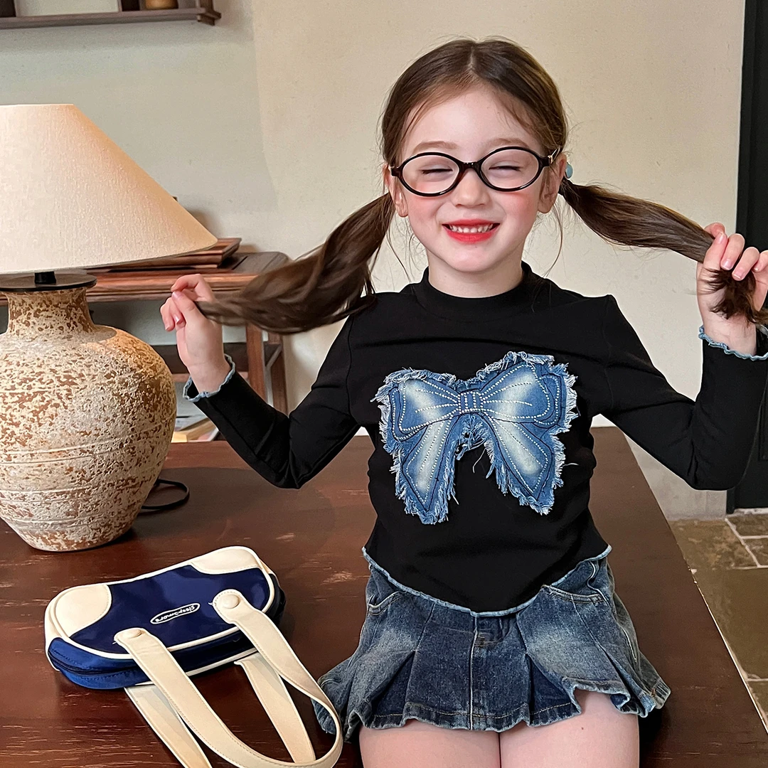栀了成长记童装女童韩版蝴蝶结T恤秋季半身裙宝宝百搭长袖上衣