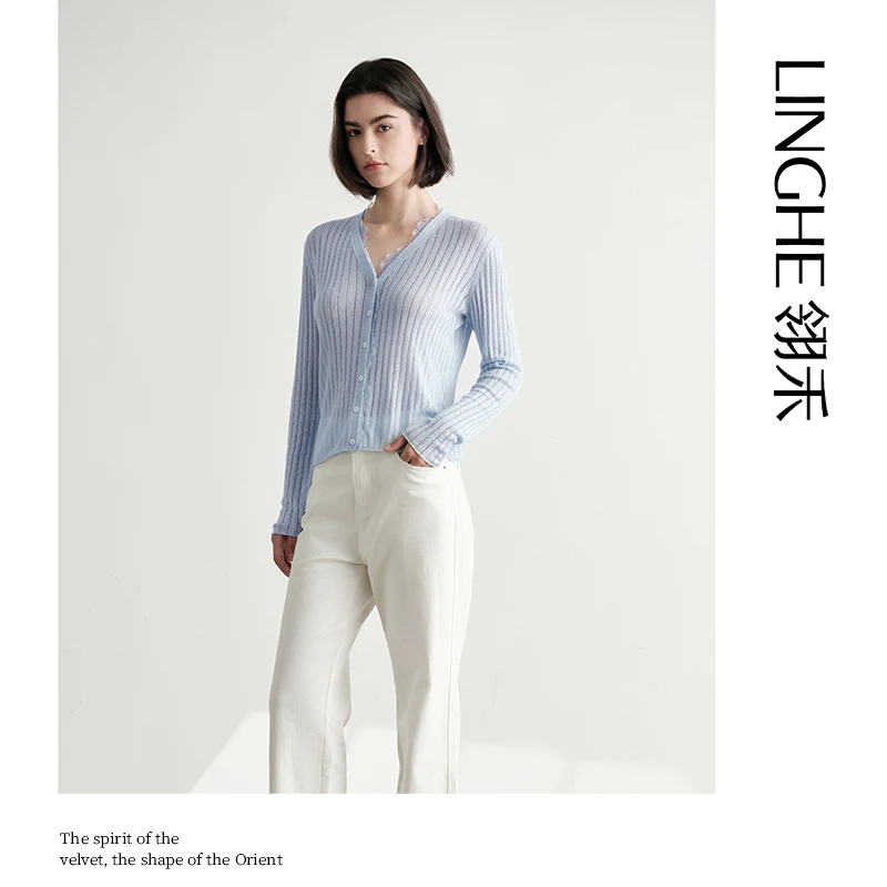 翎禾LINGHE-气质开衫长袖时尚修身设计师条纹宽松休闲打底套头