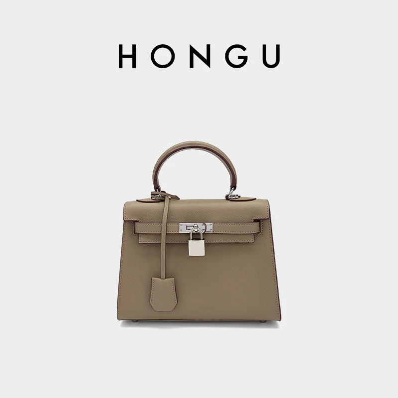 【中号】HONGU/红谷凯莉包手提包经典轻奢牛皮通勤单肩斜挎包气质
