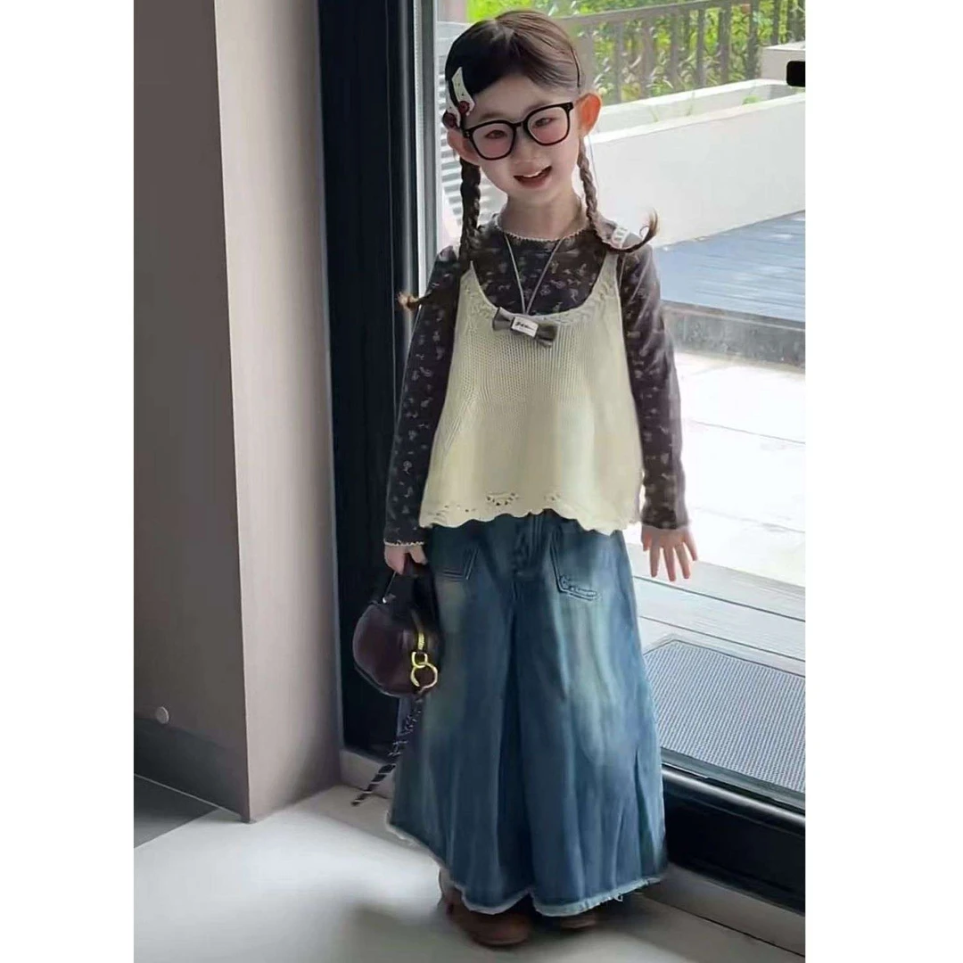 女童秋装套装2025新款网红儿童洋气针织马甲上衣女宝牛仔裤三件套