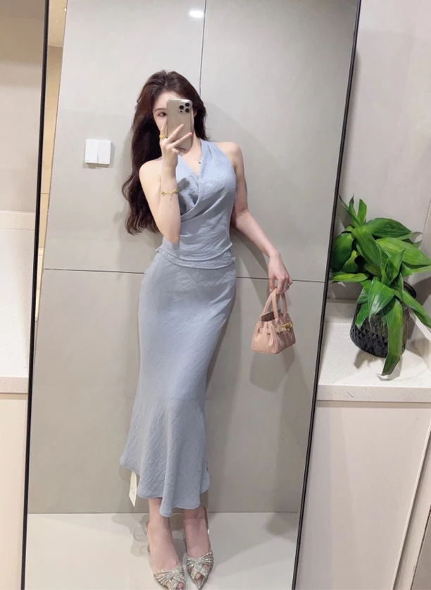 【珊珊哦】气质套装无袖上衣➕鱼尾包臀半身裙蓝色两件套