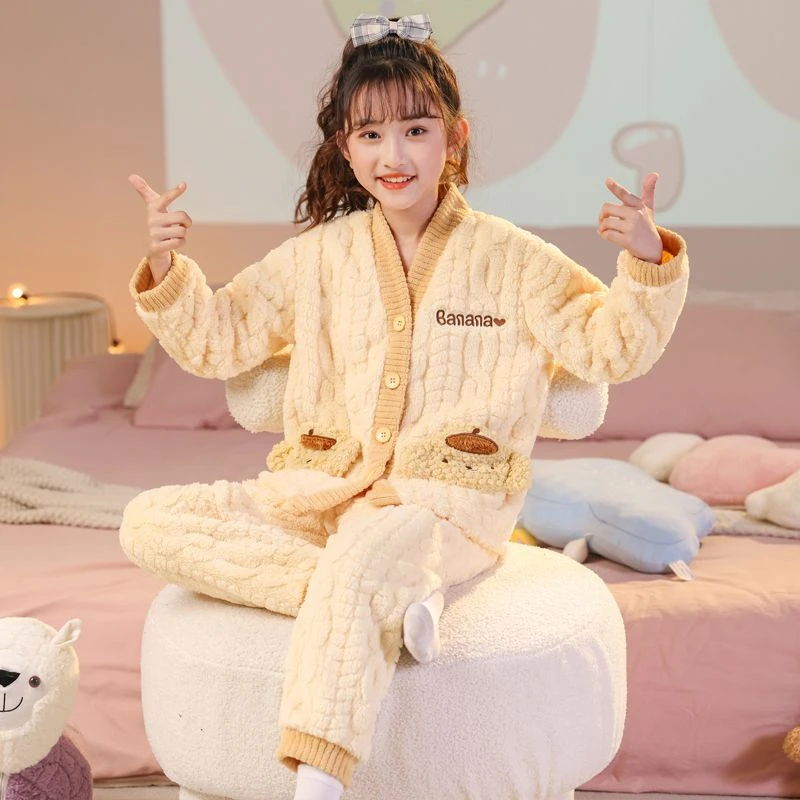 热推女童睡衣2025珊瑚睡衣秋冬季加绒加厚儿童法兰绒女孩家居服套