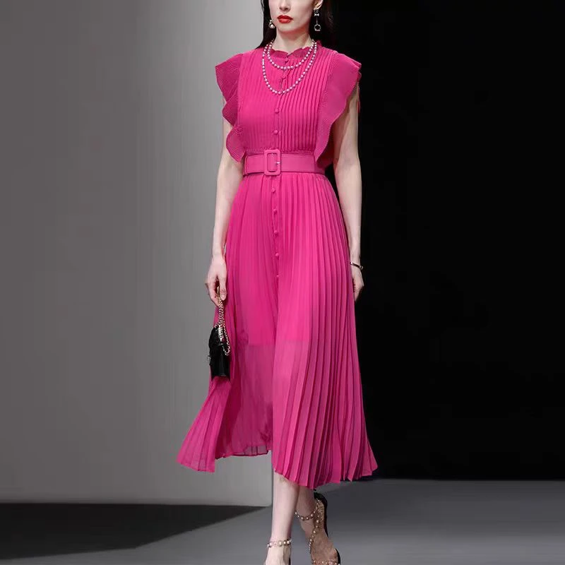 JOJO【900-910】新款气质法式粉色收腰显瘦连衣裙百褶裙长裙