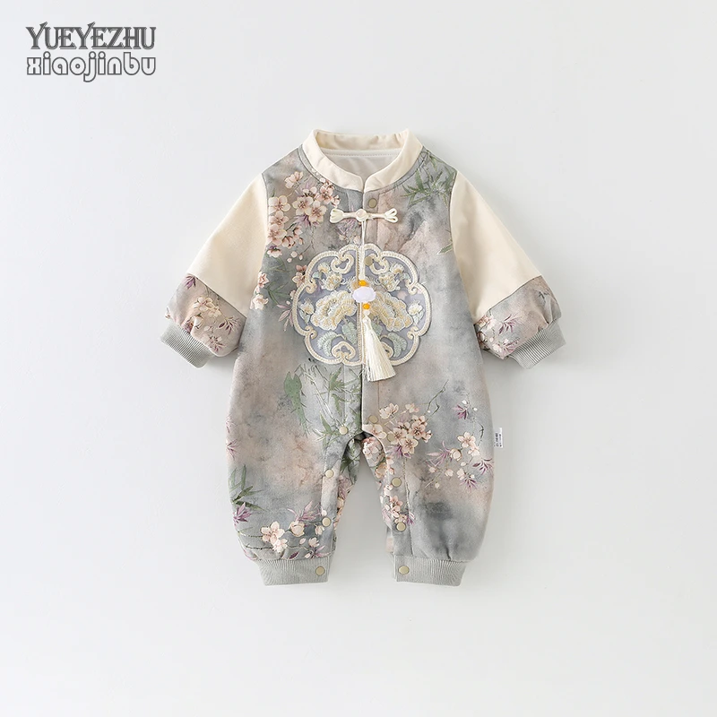 婴儿中国风连体衣春秋双层男女宝宝古风衣服秋装满月百天周岁外穿