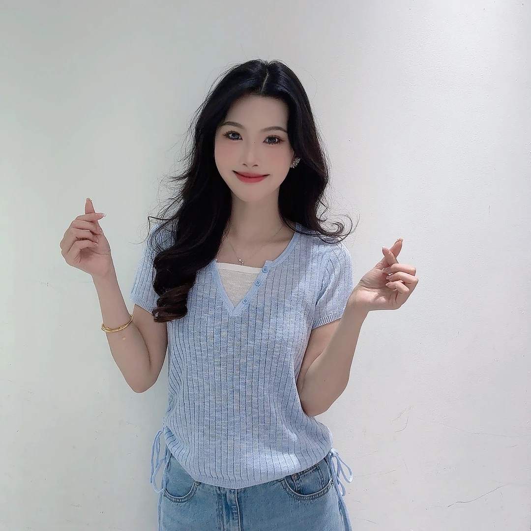 IEF/爱依服2025新款夏季假两件抽绳设计显瘦气质时尚百搭小众上衣