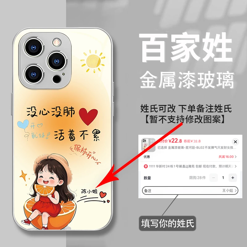 百家姓没心没肺适用苹果16/15华为P70/vivo/oppo金属漆玻璃手机壳