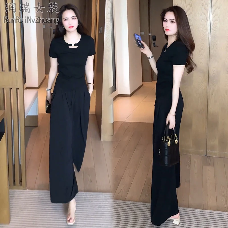 短袖INS风时尚套装女2025夏季新款洋气减龄短袖T恤阔腿裤两件套潮