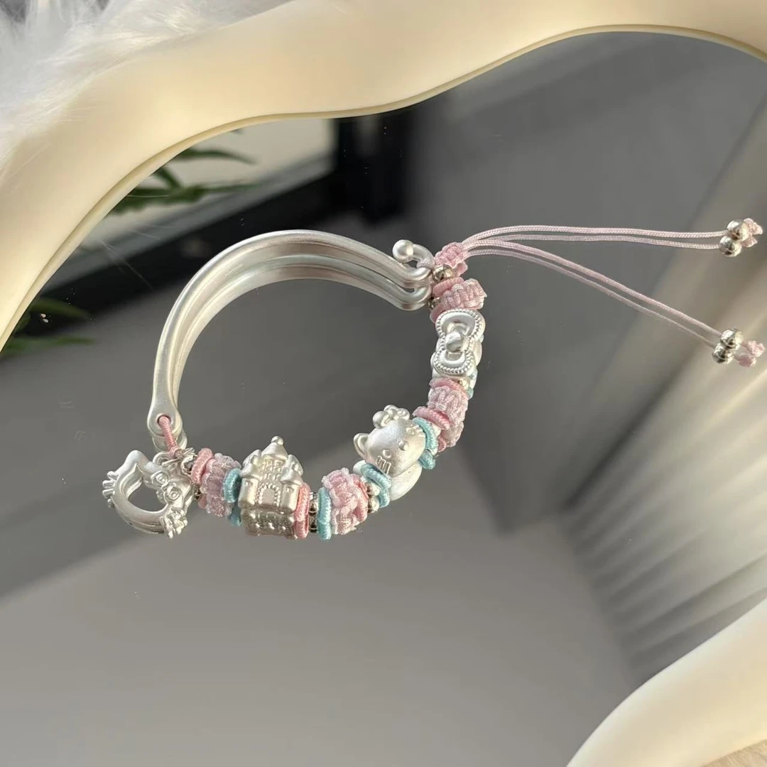 足银手镯 hellokitty城堡蝴蝶结手镯三丽鸥纯手工编织卡通礼物