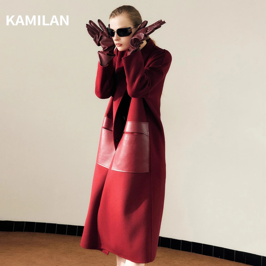卡米兰高级感毛呢外套女2024冬季新款中长款羊毛拼接绵羊皮大衣