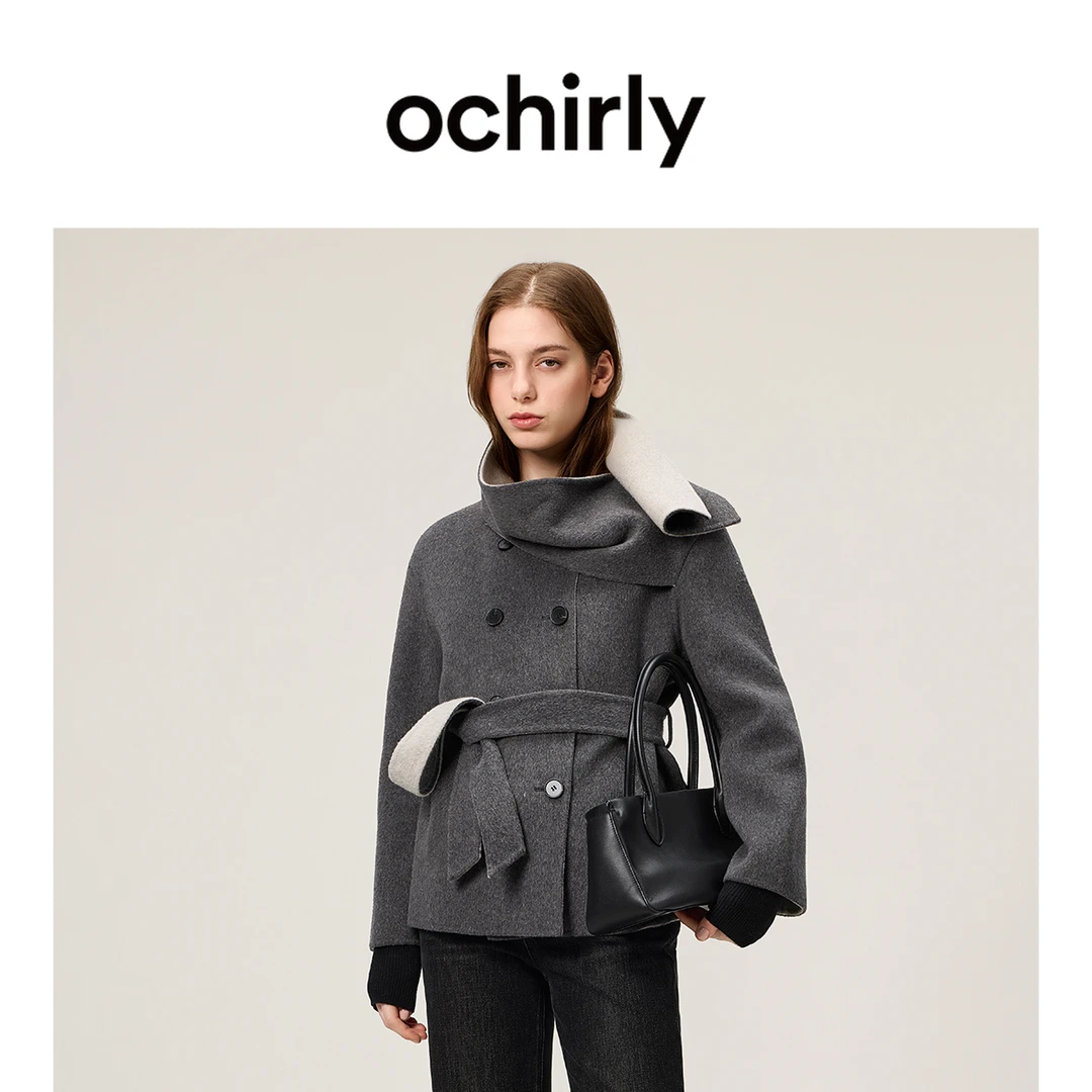 【季末折扣】欧时力羊毛双色呢围领双排扣外套配腰带2025秋冬新品