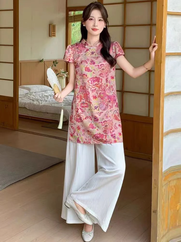 8237新款新中式休闲风通勤静奢风时尚上衣短袖茶服显瘦时尚女装