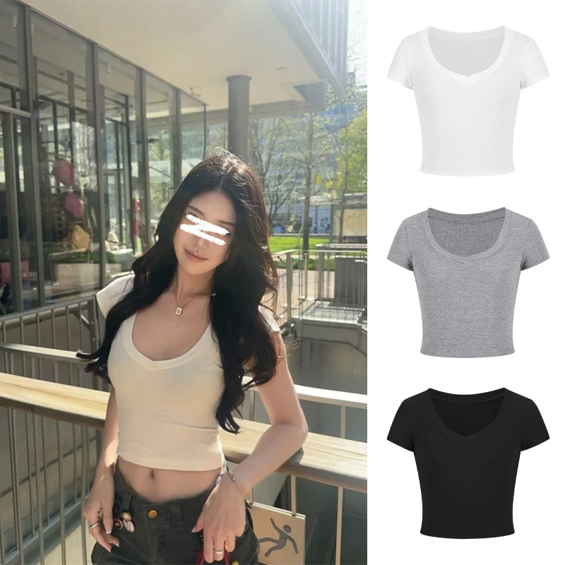 Moses Queen/魔西女王纯欲气质V领短袖T恤女辣妹短款露脐打底上衣
