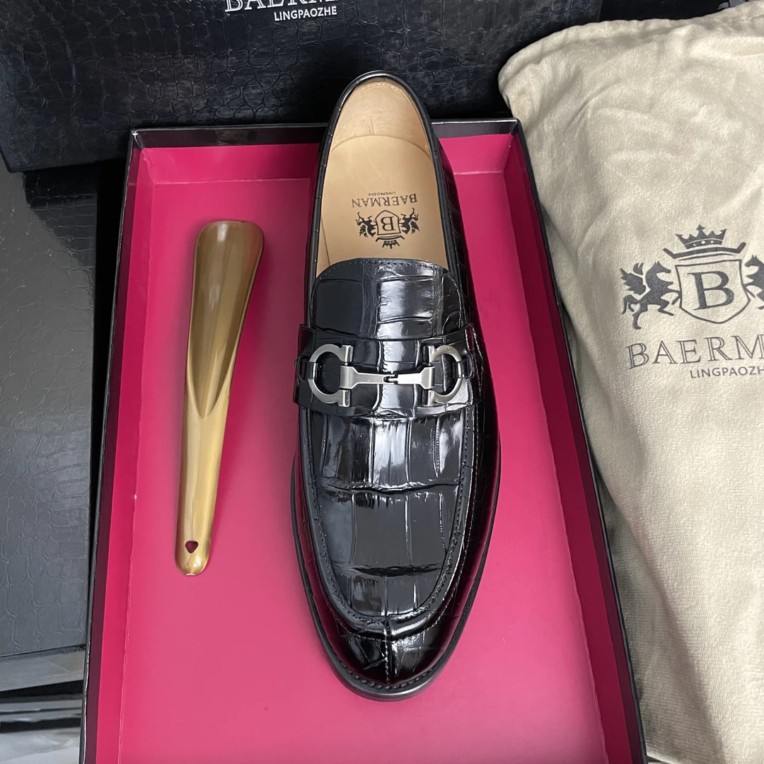 BAERMAN男士商务正装鳄鱼皮金属马衔扣真皮琴底一脚蹬乐福鞋男鞋