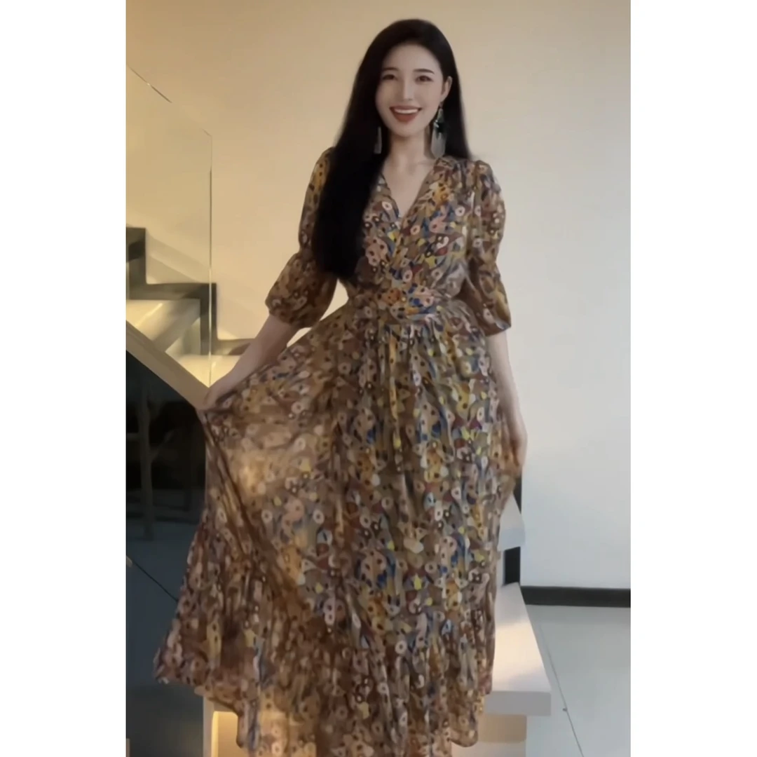 【高高】午后花园法式复古轻奢设计感印花收腰修身连衣裙-HZ687