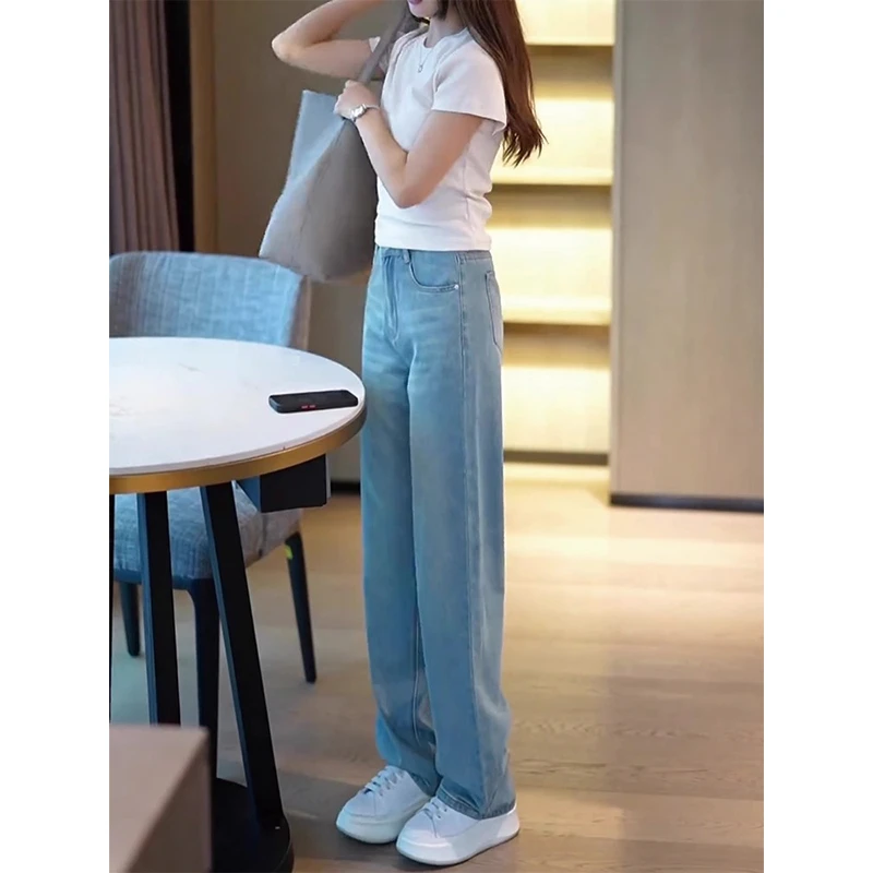 浅色软牛仔裤女早秋爆款2025年新款小个子春季高腰直筒窄版阔腿裤