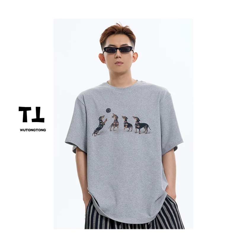 现货【四只长狗】夏季卡通短袖T恤衫女百搭休闲半袖体恤62384