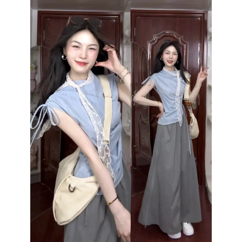 韩系慵懒蓝色条纹显瘦抽绳绑带衬衫女夏季小众设计感收腰无袖上衣