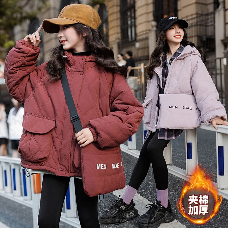 女童冬装加厚连帽棉服外套2024冬季大童洋气韩系穿搭休闲夹棉棉衣