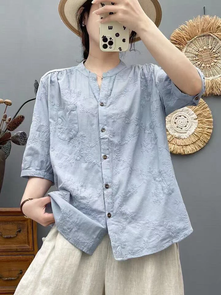 夏日清新全棉刺绣衬衫宽松通勤女士短袖上衣 V领休闲显瘦文艺衬衣