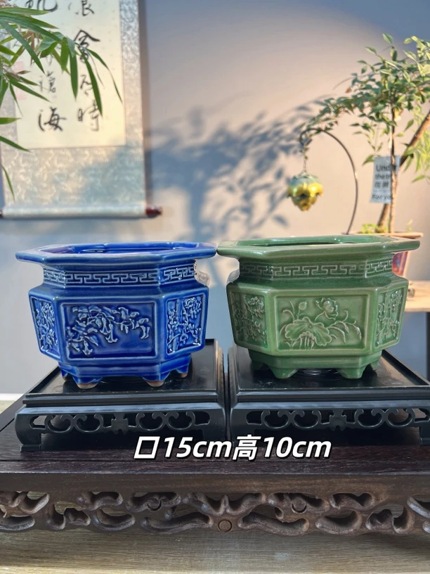 浮雕冰裂春夏秋冬创意八方八足花盆两件套带底座