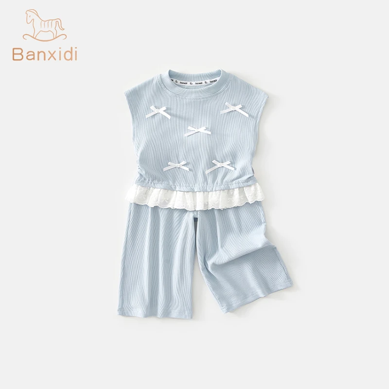 班喜迪女童套装夏装2025新款儿童洋气公主背心宝宝薄款九分裤夏季