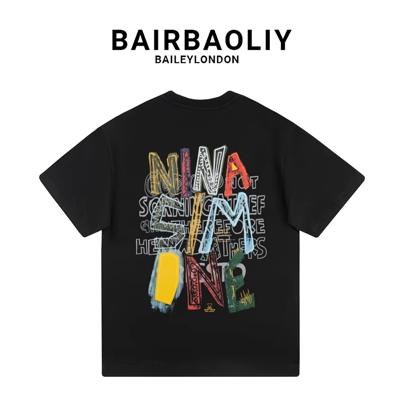 BAIRBAOLIY潮牌创意印花短袖T恤ins美式休闲2025春夏新款字母上衣