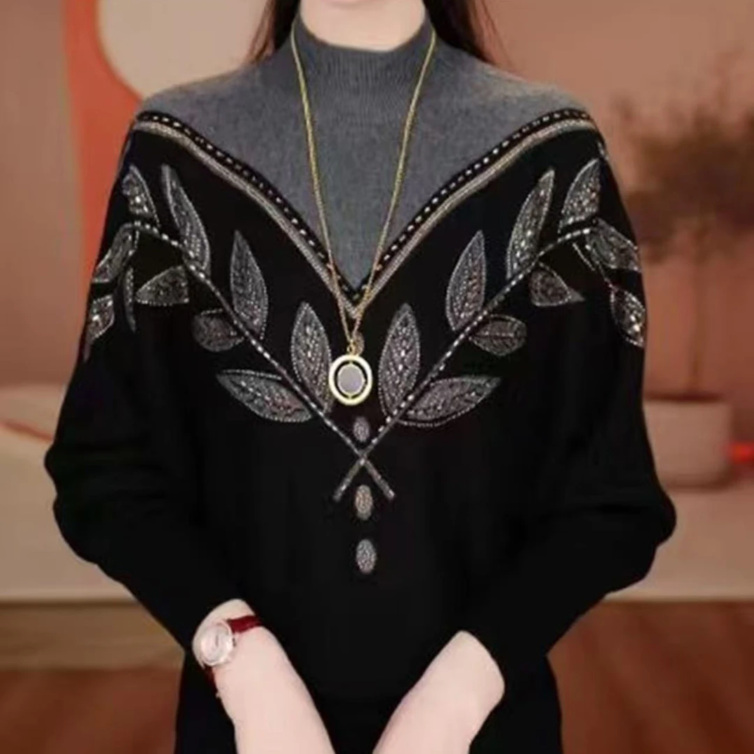 秋冬新款时尚拼色烫钻长袖针织衫女士洋气百搭宽松显瘦圆领打底衫