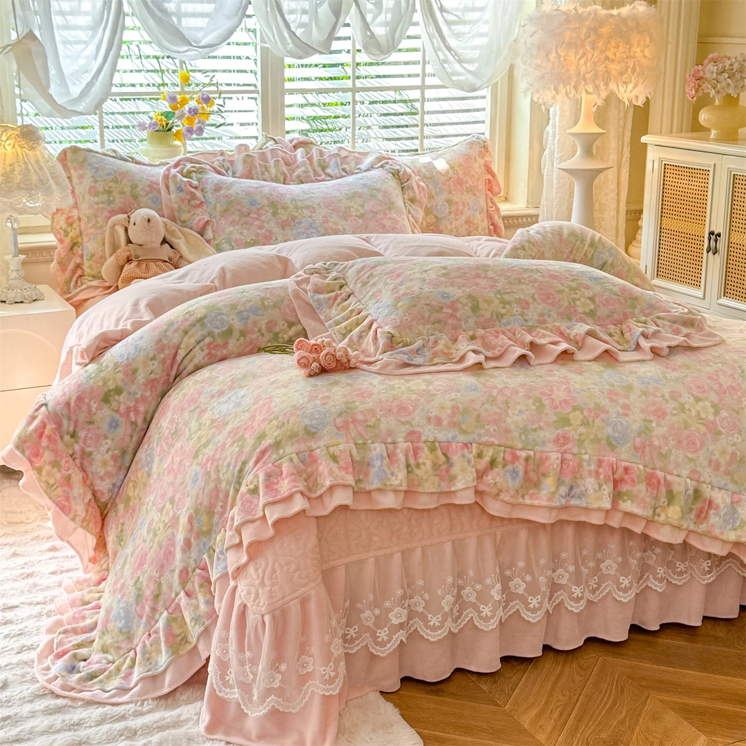 公主风10斤加厚牛奶绒床盖四件套防滑双面绒花边被套蓄热抗静电