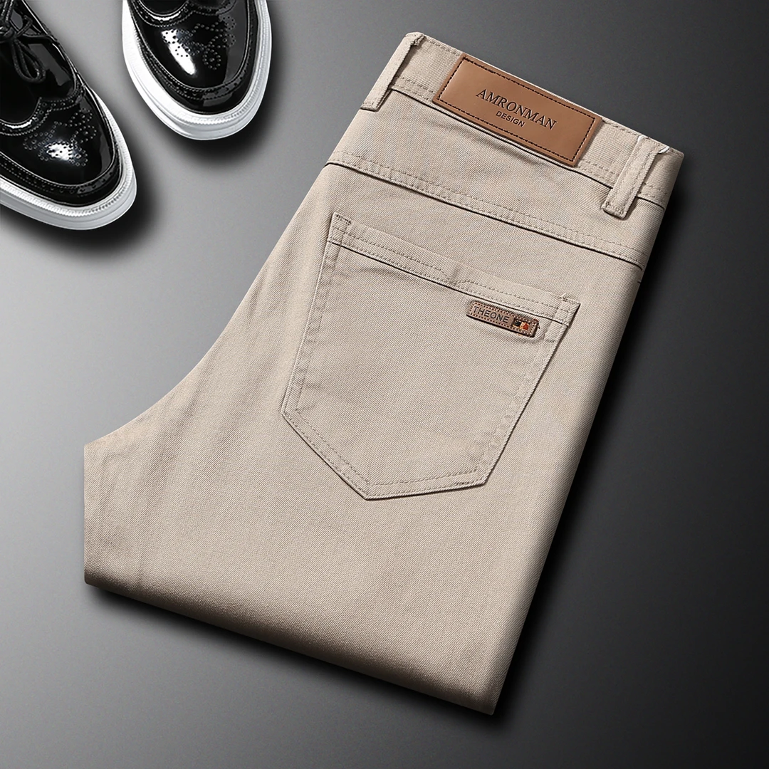 霍科比特高端卡其色牛仔裤男士秋冬弹力修身潮流直筒百搭休闲长裤