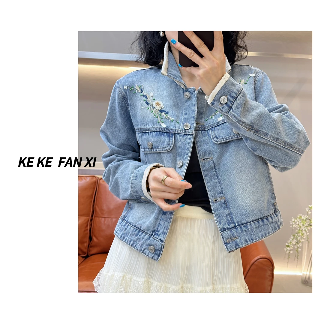 2515拼袖牛仔外套短款时尚休闲春季重工百搭蓝色复古宽松设计感