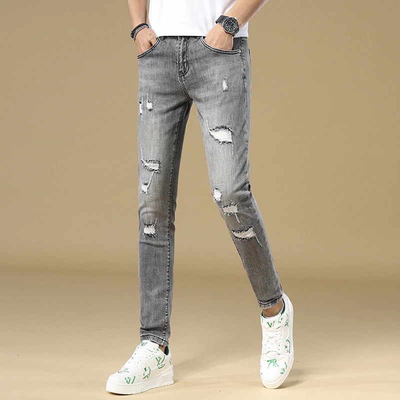 Cebrodz2025秋季破洞男士牛仔裤潮牌修身百搭小脚休闲裤韩版潮流