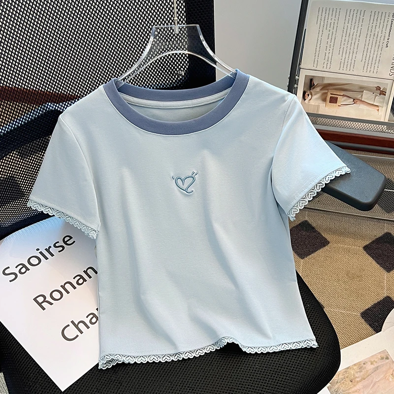 少女短袖T恤夏季新款女大童蕾丝边半袖上衣初中高中学生薄款体恤