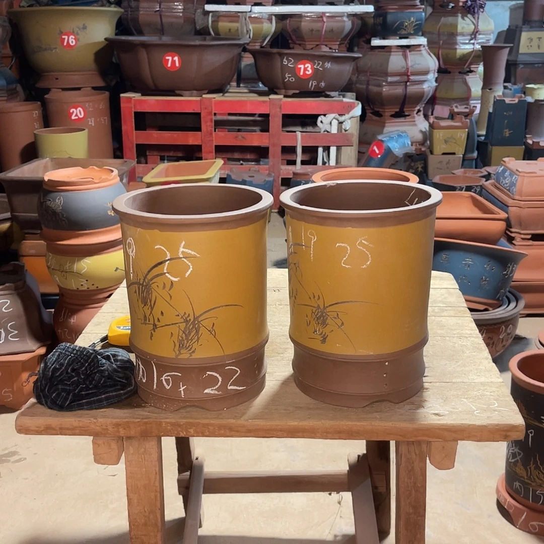 紫砂花盆竹节盆两个