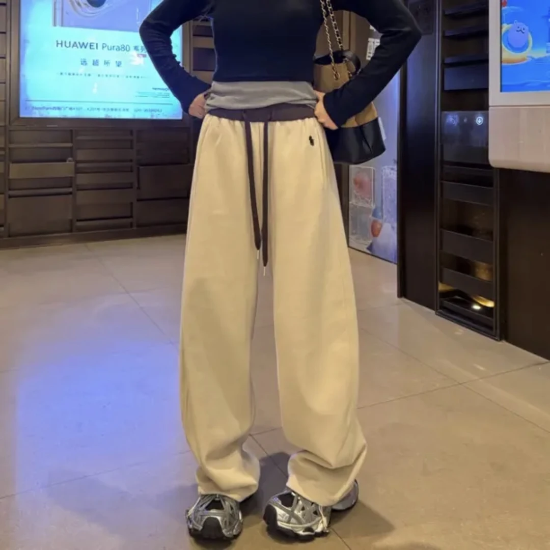 刺绣拼色高腰束脚两穿阔腿卫裤女一裤两穿阔腿拖地裤