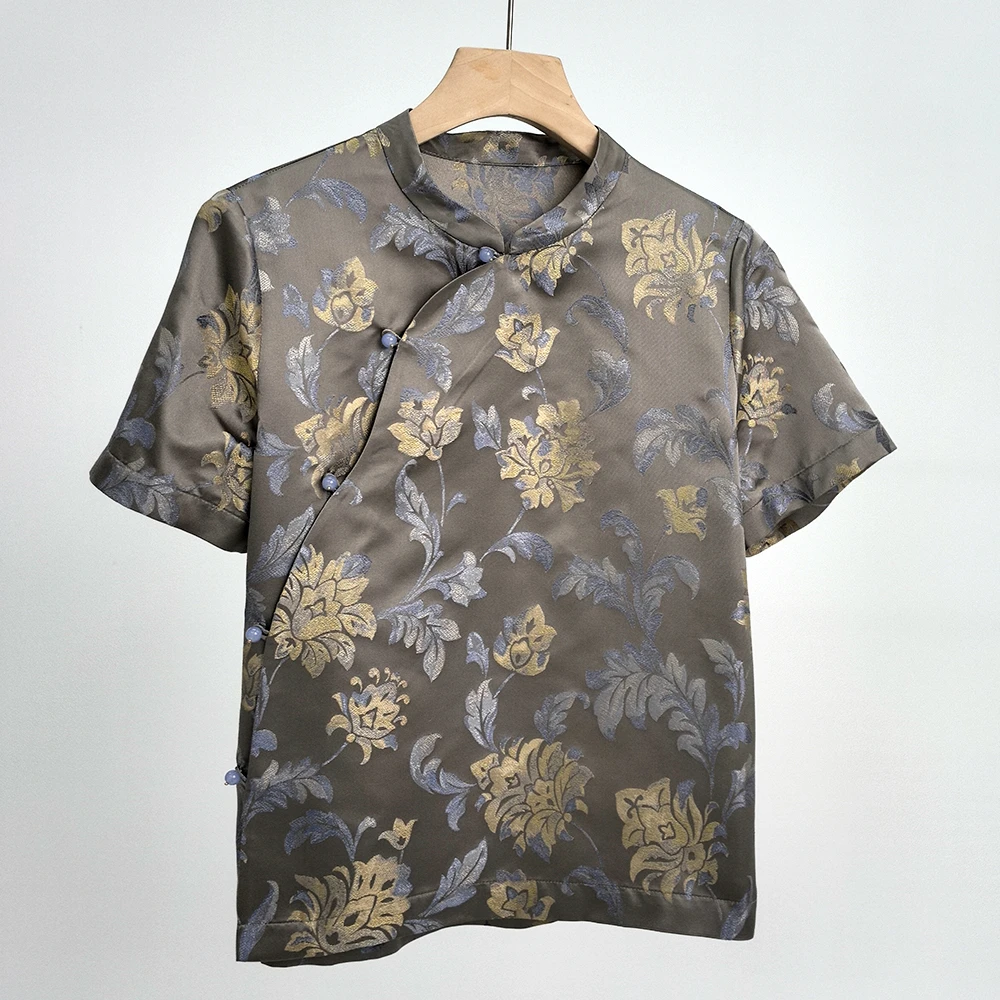 四大名锦-宋锦100%桑蚕丝圆领短袖新中式时尚上衣 825121 灰蓝色