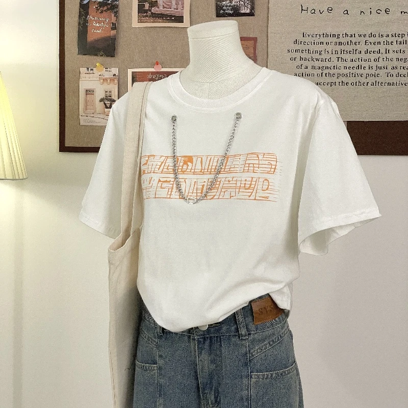特大码300斤胖mm美式潮牌t恤项链圆领短袖T恤女夏季设计感