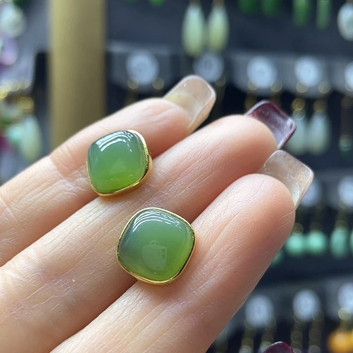 和田玉耳饰银S925镀金镶嵌