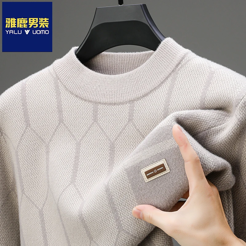 雅鹿男装时尚蜂窝状提花针织衫秋冬季半高领休闲中年潮流韩版毛衣