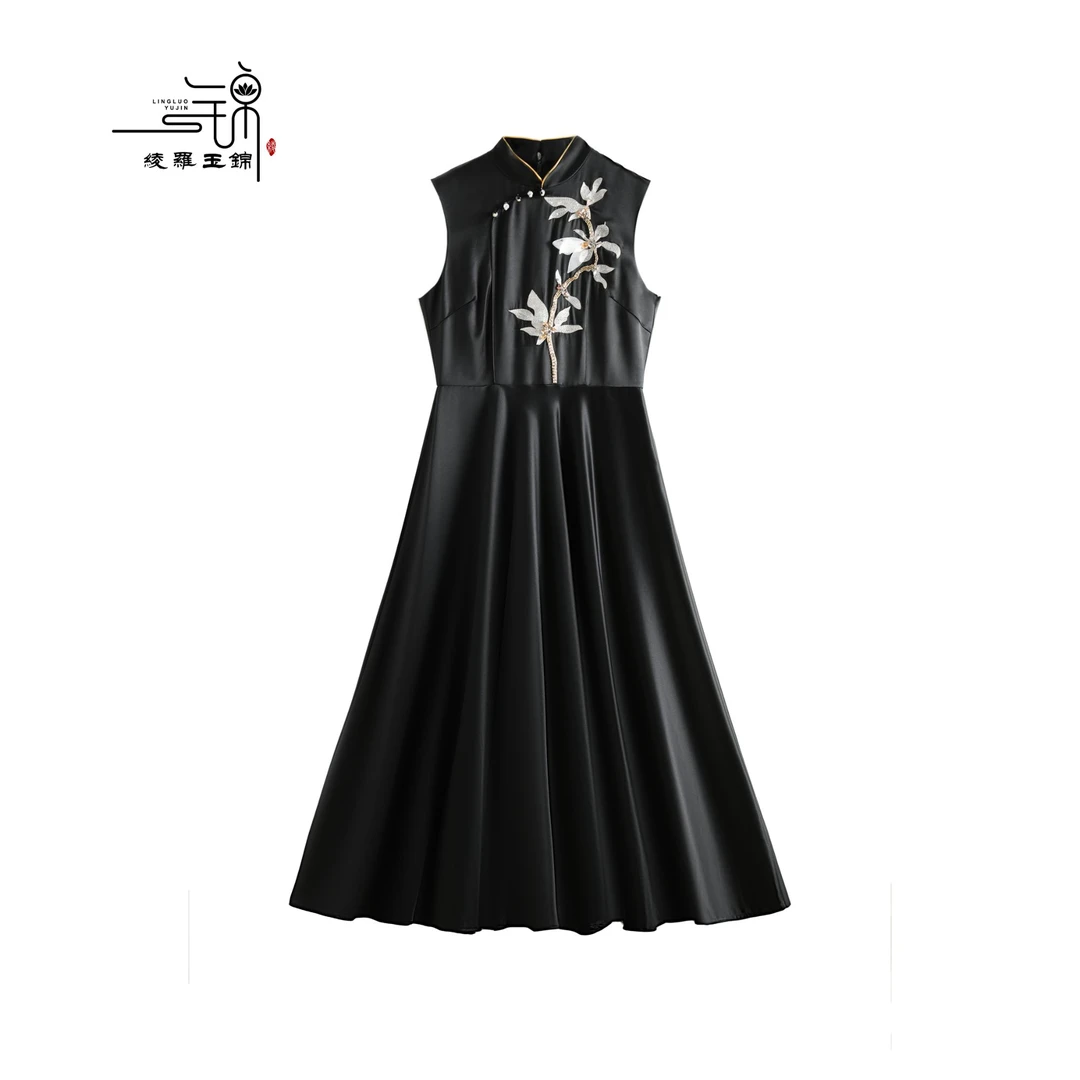 绫罗玉锦 "兰心绣"醋酸白玉兰手工绣花连衣裙旗袍