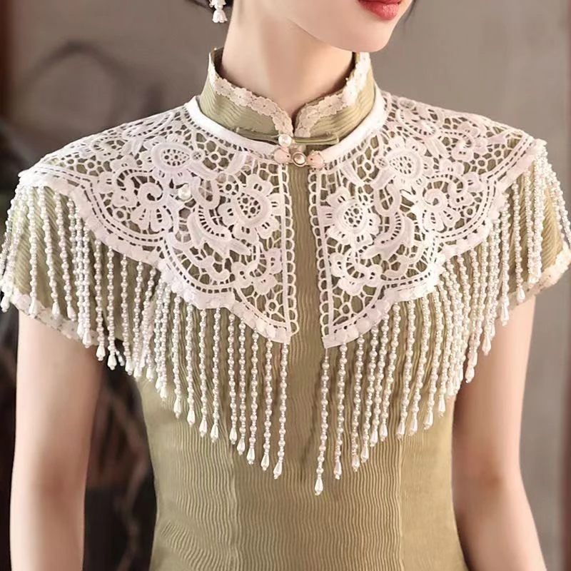 万能旗袍云肩披肩珍珠流苏百搭旗袍古风装饰中式改良复古蕾丝假领